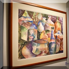 A03. Framed watercolor of pots. Signed. 29”h x 38”w - $135 